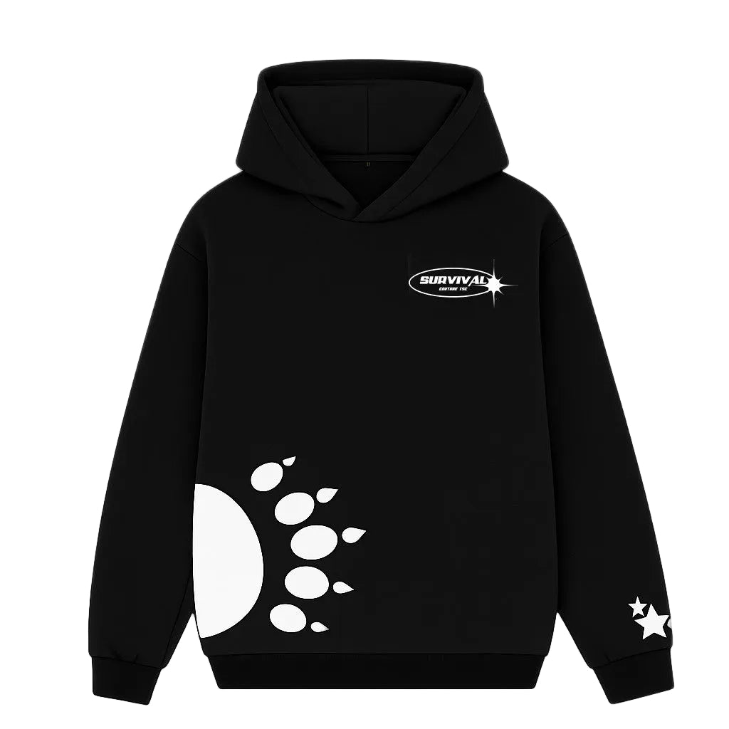 A black pullover hoodie with a white graphic print on the lower left front, featuring a moon and paw print design, a 'SURVIVAL' logo on the left chest, and two white stars on the right sleeve, shown against a light gray background.