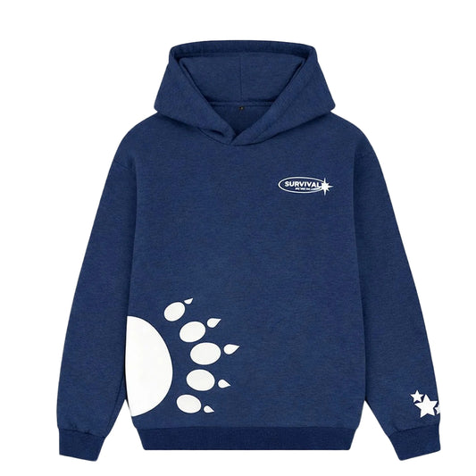 A navy blue pullover hoodie with a white graphic print on the front showing a half-moon and paw print, featuring a 'SURVIVAL' logo on the left chest and white stars on the right sleeve, displayed on a light gray background.