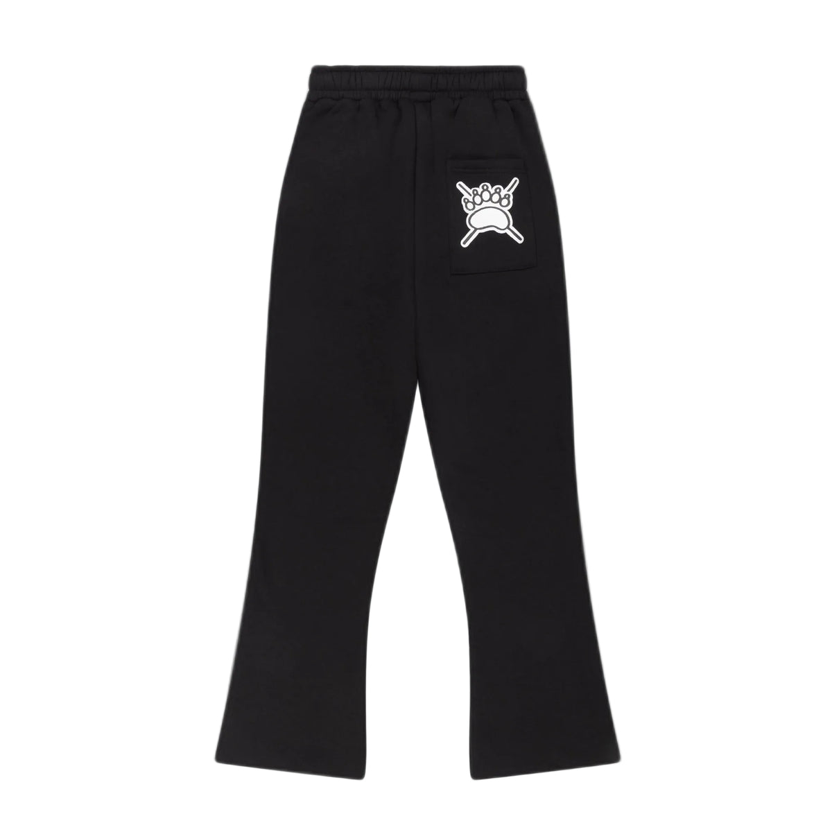 Black flared jogger with an elastic waistband and a white graphic print of a crown on a crossbones on the upper right hip, shown against a light gray background.