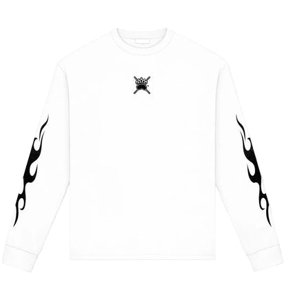 A white long-sleeve crewneck sweatshirt with a small black skull and crossbones graphic on the center chest and black flame motifs printed down both sleeves, shown against a light gray background.